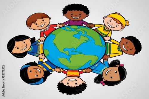 Children from diverse backgrounds holding hands around a globe, colorful illustration in cartoon style, concept of global unity and cultural diversity.