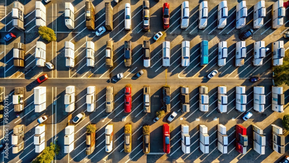 Obraz premium Overhead shot of parked cars, trucks, and motorcycles arranged in neat rows, casting long shadows on a sunny asphalt parking lot with white lines.