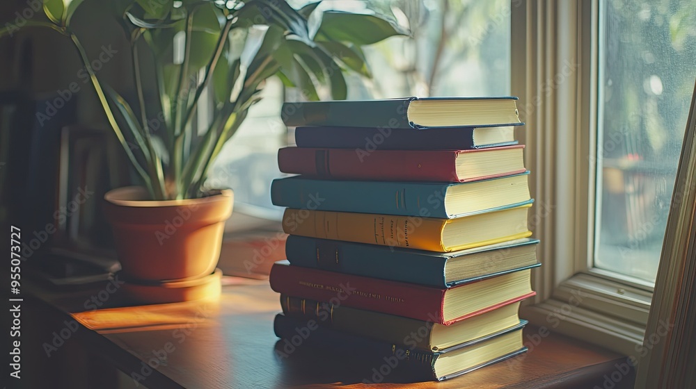 A neat stack of colorful books piled high on a wooden table, with soft natural light streaming in A neat stack of colorful books piled high on a wooden table, with soft natural light streaming in
