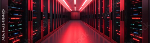 server room with illuminated servers, showcasing modern technology and efficient data storage solutions