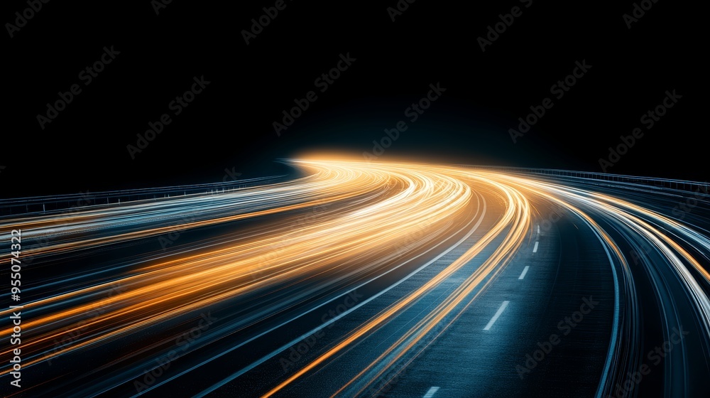 Fototapeta premium Dynamic light trails on a curved road at night showcasing speed and motion in an urban environment.