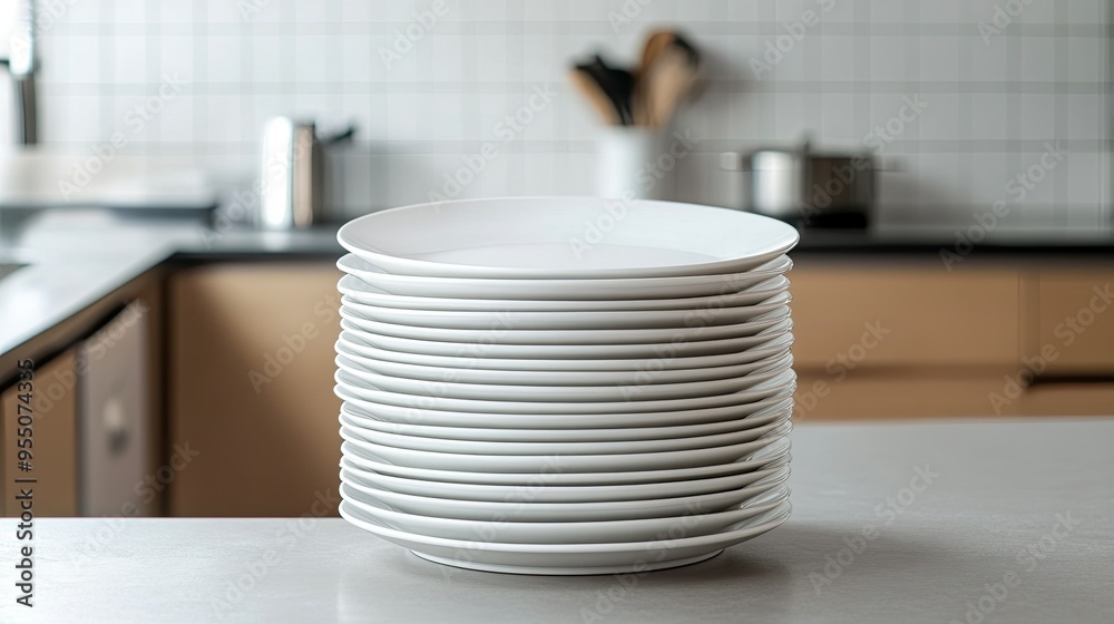 Obraz premium A tall stack of smooth white plates in a minimalistic kitchen, perfectly aligned and gleaming