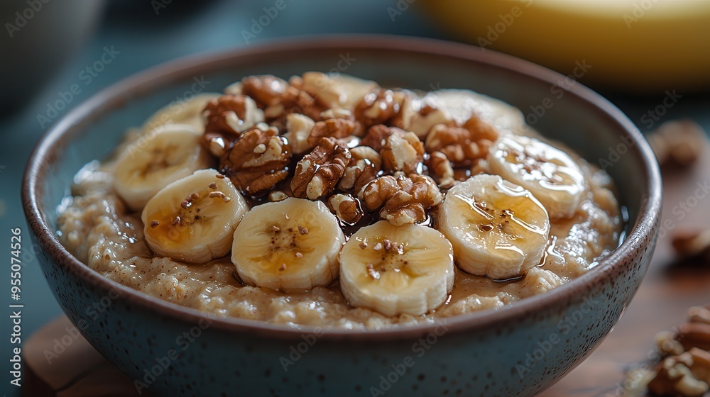 Nutritious Breakfast Bowl with Oatmeal, Bananas, Walnuts, and Maple Syrup Delight Nutritious Breakfast Bowl with Oatmeal, Bananas, Walnuts, and Maple Syrup Delight