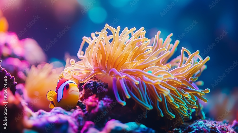 Vibrant clownfish swims near colorful anemone in a bright coral reef habitat Vibrant clownfish swims near colorful anemone in a bright coral reef habitat