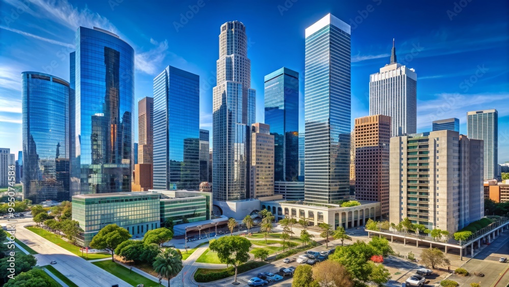 Fototapeta premium Panoramic view of towering skyscrapers and contemporary architecture in downtown Los Angeles, with sleek glass and steel buildings against a clear blue California sky.