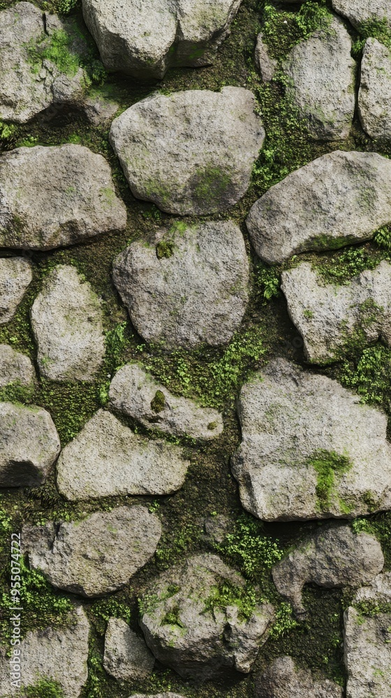 A textured stone wall displays various sizes of stones interspersed with patches of moss, highlighting rustic charm in natural light A textured stone wall displays various sizes of stones interspersed with patches of moss, highlighting rustic charm in natural light