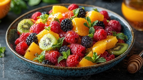 Refreshing Fruit Salad with Berries, Kiwi, and Orange Slices Drizzled in Honey Dressing