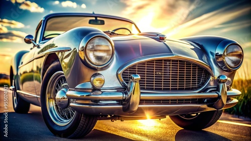 Polished chrome accents and sleek curves define the timeless beauty of a vintage sports car, its bold front grille gleaming in the sunlight.