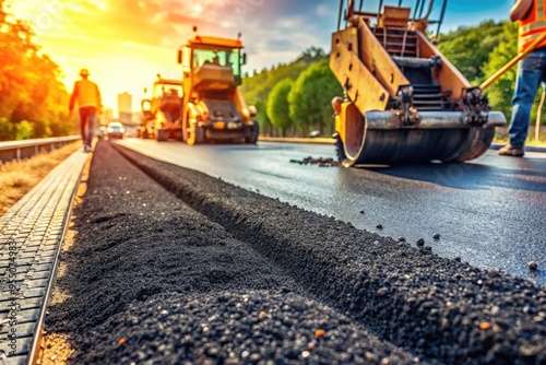 Close-Up Image Of Fresh Asphalt Road Being Surfaced With Molten Bitumen During Construction photo