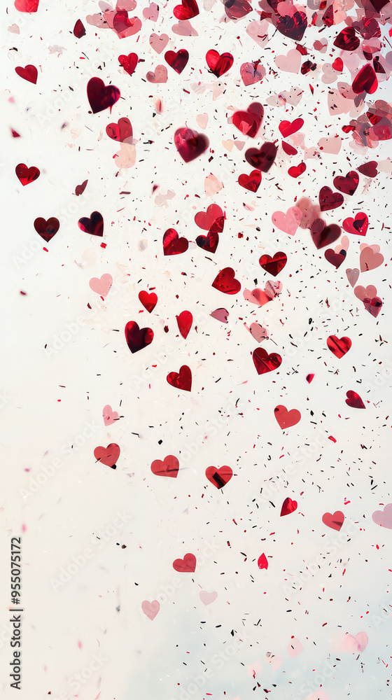 A Shower of Love: Red and Pink Heart Confetti Dancing on a White Background A Shower of Love: Red and Pink Heart Confetti Dancing on a White Background