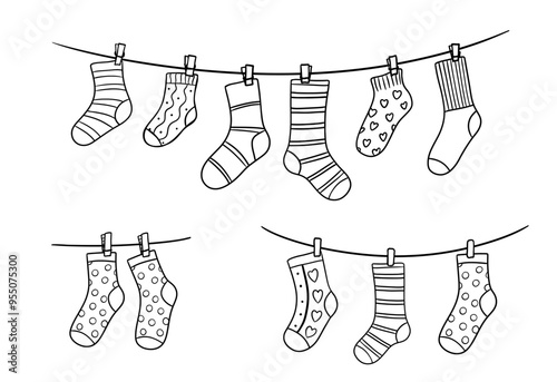 Clothesline with socks doodles, outline illustrations set isolated on white