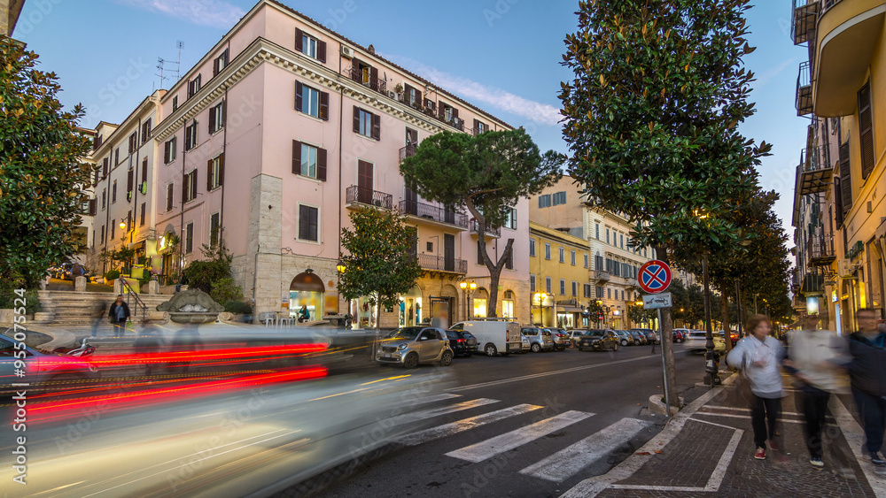 Fototapeta premium Typical medieval narrow street in beautiful town of Albano Laziale night timelapse, Italy