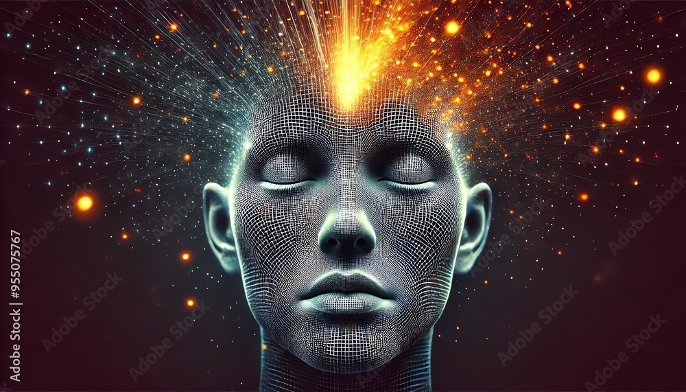 A surreal, digital artwork of a human with eyes closed, made entirely out of a mesh-like grid structure A surreal, digital artwork of a human with eyes closed, made entirely out of a mesh-like grid structure