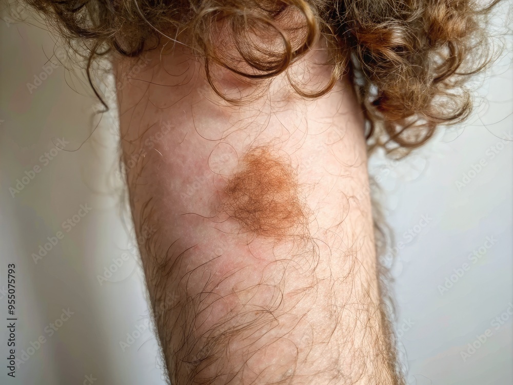 Close-up of a person's leg with a patch of untidy, curly hair on the shin, illuminated against a blurred, neutral-colored background. Close-up of a person's leg with a patch of untidy, curly hair on the shin, illuminated against a blurred, neutral-colored background.