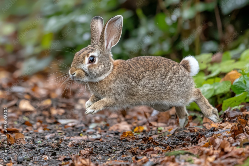 Fototapeta premium A Brown Rabbit Leaping Through Fallen Autumn Leaves