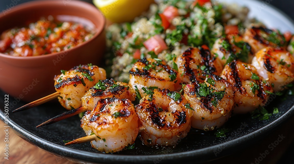 Fresh Grilled Shrimp Skewers with Quinoa Salad and Lemon Vinaigrette - Healthy Seafood Dish Fresh Grilled Shrimp Skewers with Quinoa Salad and Lemon Vinaigrette - Healthy Seafood Dish
