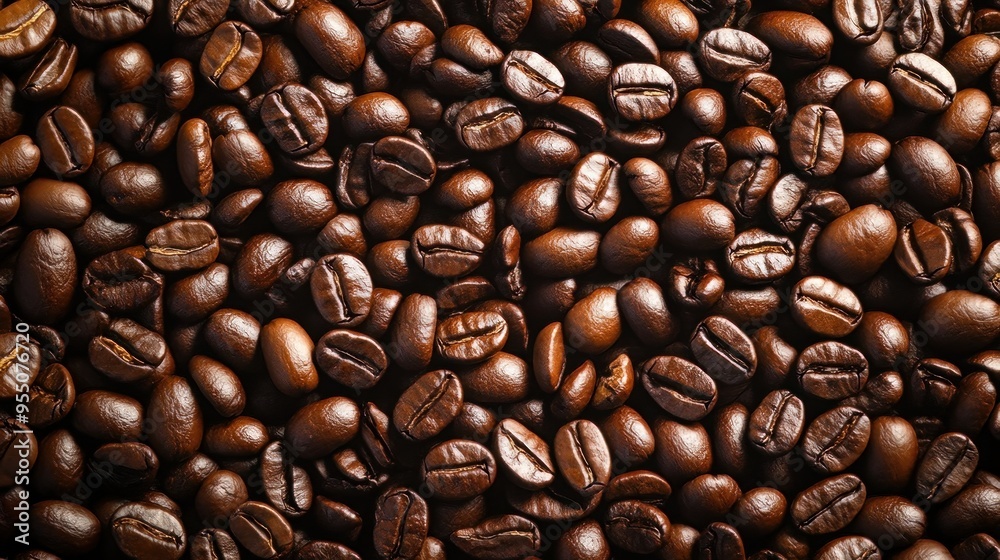 Naklejka premium view from above of a background depicting two dark brown, aromatic coffee beans