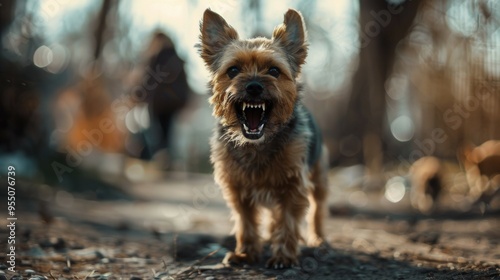 A brown dog is currently standing on a muddy road with its mouth wide open photo