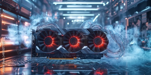 A powerful graphics card with RGB lighting, glowing in smoke.