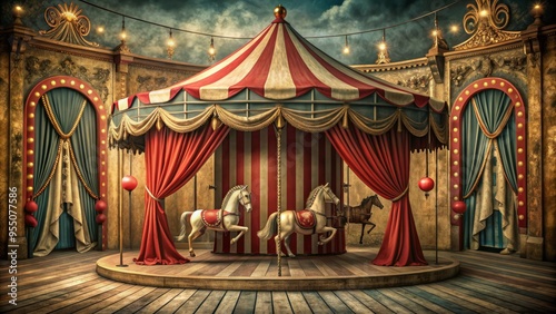 Retro big top with distressed stripes, worn velvet curtains, and antique carousel horses, evoking a nostalgic sense of wonder and old-world spectacle.