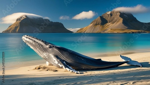 Beached Whale on Pristine Shore with Snow-Capped Mountains photo