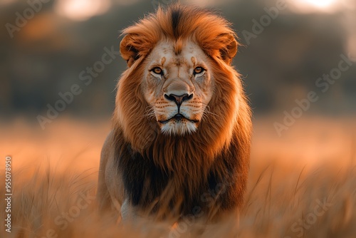 A majestic lion stands confidently in a golden grass landscape at sunset.