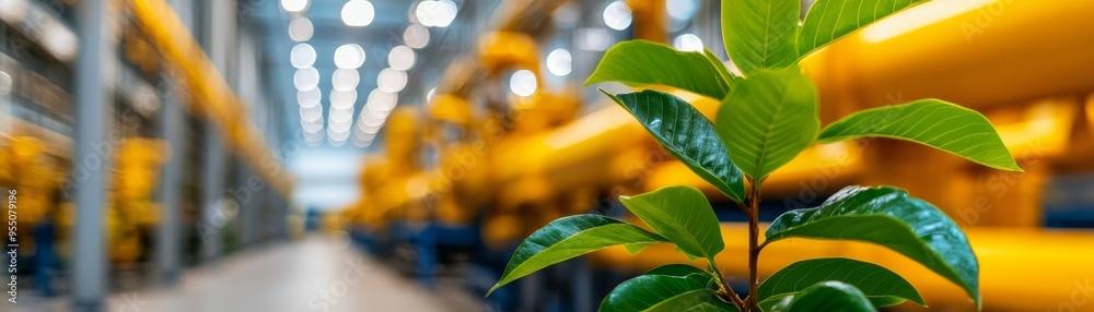 green plant leaves in foreground of industrial factory interior with blurred yellow machines. green plant leaves in foreground of industrial factory interior with blurred yellow machines.