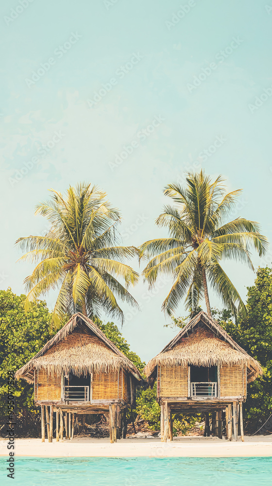 Tranquil Escape: Two Rustic Beach Huts Nestled Amongst Lush Palms, Offering a Serene Retreat From the World. Tranquil Escape: Two Rustic Beach Huts Nestled Amongst Lush Palms, Offering a Serene Retreat From the World.