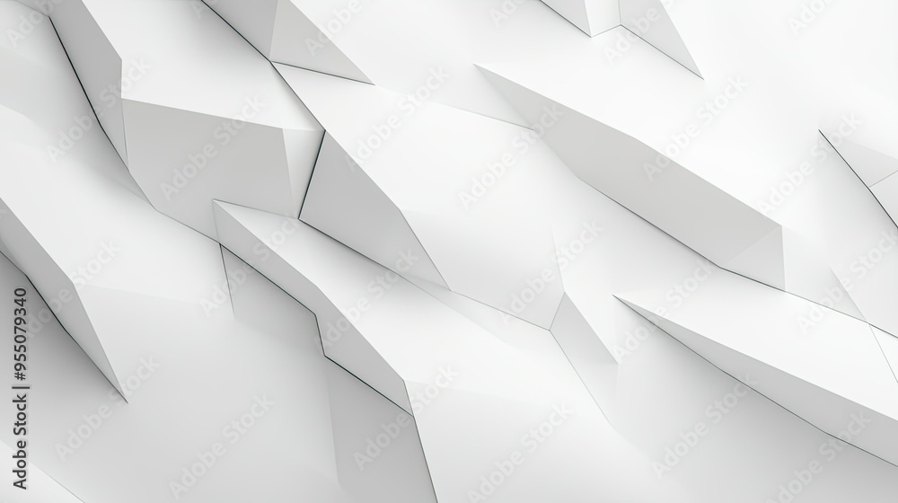 White background with abstract geometric shapes and soft shadows, creating a sense of depth and dimension.