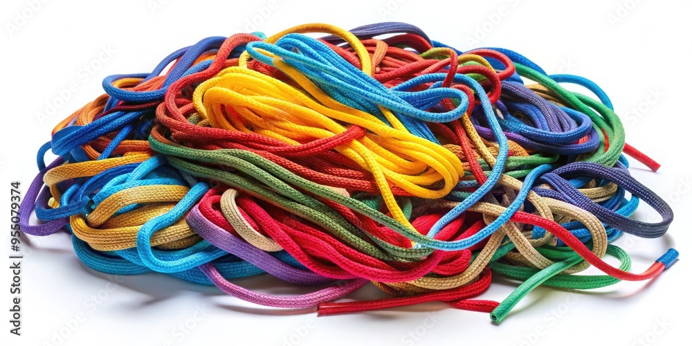 Colorful shoelaces in a tangled mess on a white background, showcasing various colors, textures, and lengths, highlighting the intricate details of everyday accessories. Colorful shoelaces in a tangled mess on a white background, showcasing various colors, textures, and lengths, highlighting the intricate details of everyday accessories.