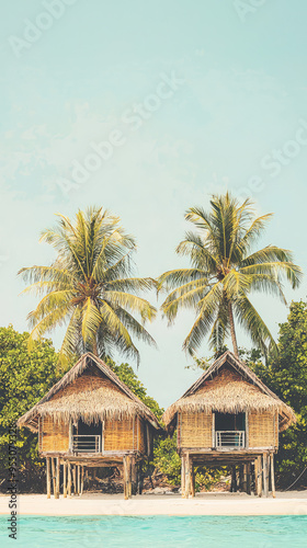 Tranquil Escape: Two Rustic Beach Huts Nestled Amongst Lush Palms, Offering a Serene Retreat From the World.