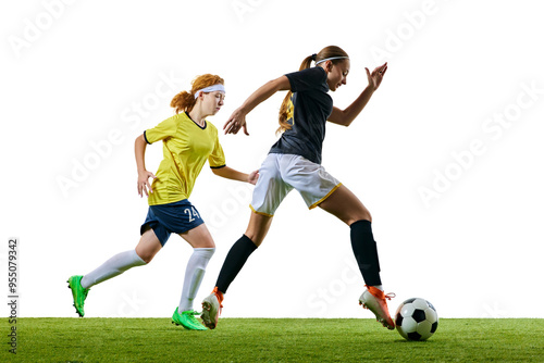 Young athletic woman, sprinting towards ball with her opponent closely following, both fully engaged in soccer match against white background. Concept of sport, competition, tournament, games, event.