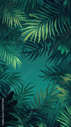 A Lush Embrace of Green: Palm Leaves Dance in a Tropical Dream