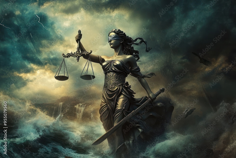 Fototapeta premium Lady Justice amidst stormy skies, holding scales and sword