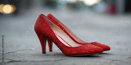 Fashionable red heel shoes with rhinestones.