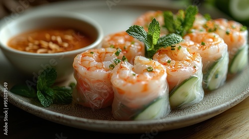 Delicious Fresh Spring Rolls with Shrimp, Cucumber, and Mint, Served with Peanut Dipping Sauce