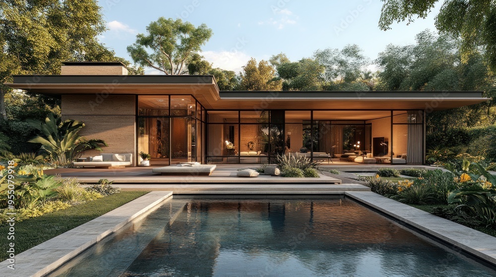 custom made wallpaper toronto digitalModern house with a pool surrounded by lush greenery.