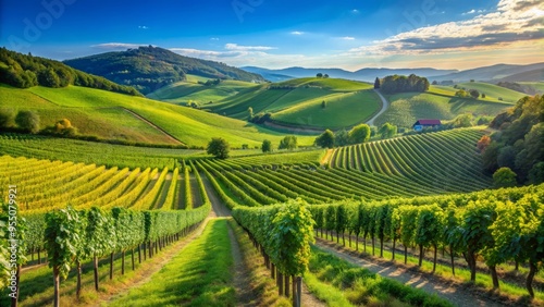 Wallpaper Mural Rolling hills of lush green vineyards stretch towards the horizon, with neatly rowed grapevines bearing ripe fruit beneath a clear blue sky. Torontodigital.ca