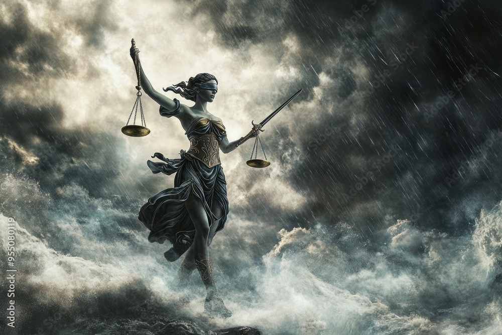 Statue of justice lady with scales and sword in storm Statue of justice lady with scales and sword in storm