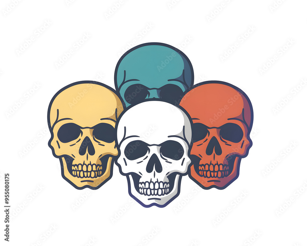 Colorful Skull Quartet: Four stylized skulls, each rendered in a unique pastel hue, stare out from the design. Colorful Skull Quartet: Four stylized skulls, each rendered in a unique pastel hue, stare out from the design.
