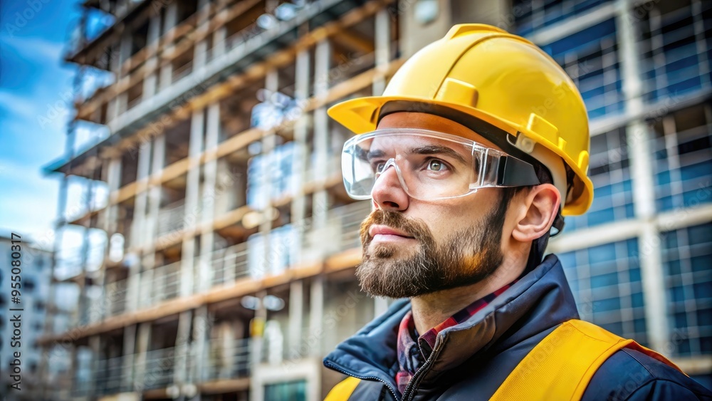 Construction Worker Wearing A Hard Hat And Protective Glasses, Demonstrating The Importance Of Safety Equipment On A Building Site. Construction Worker Wearing A Hard Hat And Protective Glasses, Demonstrating The Importance Of Safety Equipment On A Building Site.