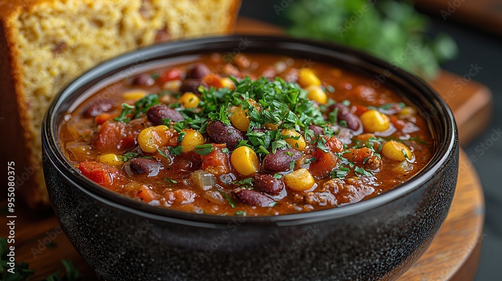 Delicious and Cozy Bowl of Vegetable Chili with Beans, Tomatoes, Peppers, and Cornbread Slice Delicious and Cozy Bowl of Vegetable Chili with Beans, Tomatoes, Peppers, and Cornbread Slice