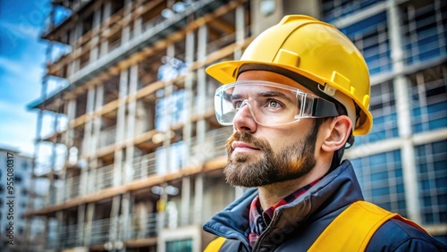 Construction Worker Wearing A Hard Hat And Protective Glasses, Demonstrating The Importance Of Safety Equipment On A Building Site.