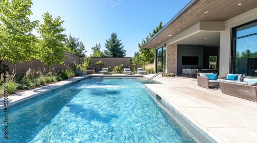 Brightly lit outdoor pool with clear water and a sunny patio area, perfect for summer relaxation