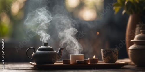 Traditional Tea Ceremony with Smoke and Incense. photo