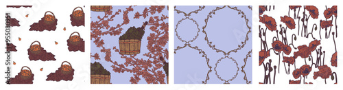 Set of seamless vintage illustrations for spa and beauty salon. Bath broom, fruit basket, red poppies.
