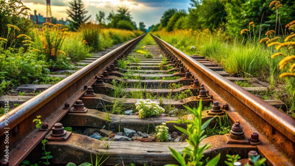 Rusted steel railway tracks stretching into the distance, surrounded by overgrown weeds and rusty bolts, convey a sense of abandonment and industrial decay. Rusted steel railway tracks stretching into the distance, surrounded by overgrown weeds and rusty bolts, convey a sense of abandonment and industrial decay.
