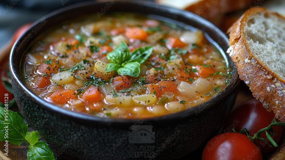 Comforting Lentil Stew with Vegetables and Fresh Herbs Served with Whole-Grain Bread Comforting Lentil Stew with Vegetables and Fresh Herbs Served with Whole-Grain Bread