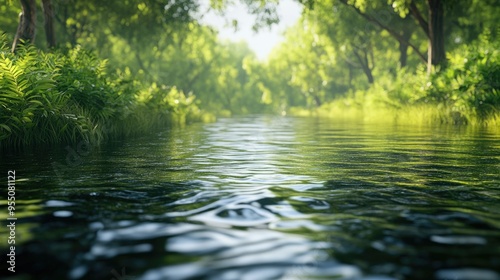 Calm river with lush green vegetation along the banks and gentle ripples on the water surface, perfect for a serene landscape