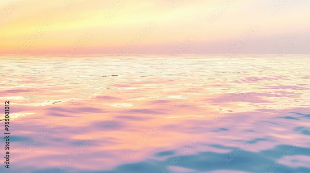 Obraz premium Calm water surface with gentle waves and reflections of a pastel sunset sky, offering a serene and peaceful setting